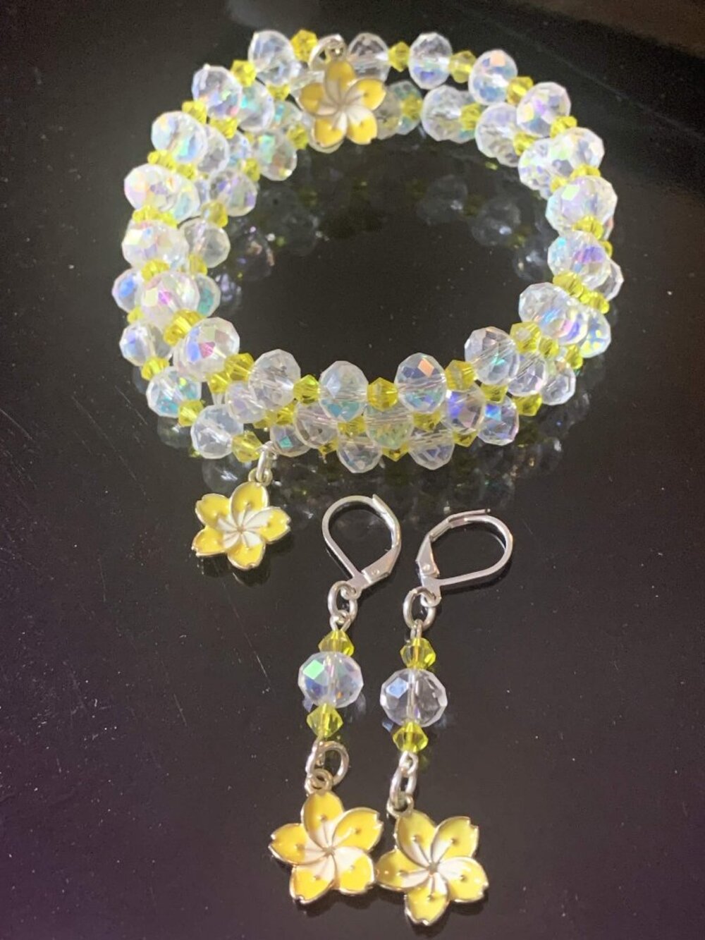 'Golden Sakura' hand crafted glass coil bracelet and earrings set